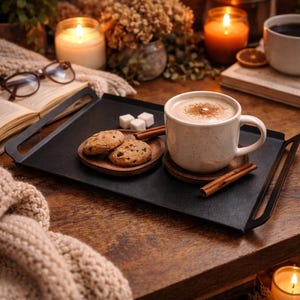 以下が含まれることがあります： シナモンをまぶしたコーヒーが入ったマグカップ、チョコレートチップクッキー、角砂糖、シナモンスティックが載った黒いトレイ。トレイは木製の表面に置かれ、キャンドル、本、ニットの毛布に囲まれています。温かく居心地の良い、リラックスできる雰囲気です。