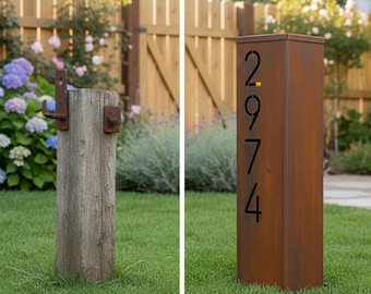 Custom Rusted Steel House Number Post, Modern Outdoor Address Column Sign, Address Yard Sign, Custom Address Sign, Rusted Steel Column