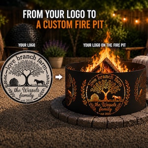May include: A custom black metal fire pit featuring a laser-cut design of a tree, a barn, a horse, and the text 'love branch farm', 'the Wessels family', and 'est 2025'. The design is shown as a flat logo and as a glowing fire pit.