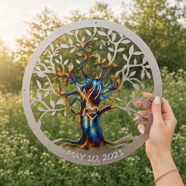 Personalized Tree of Life Metal Wall Decor, Wedding Gift, Carved Tree Decor, Couple Name Gift, Anniversary Sign, Steel Art, Anniversary Gift