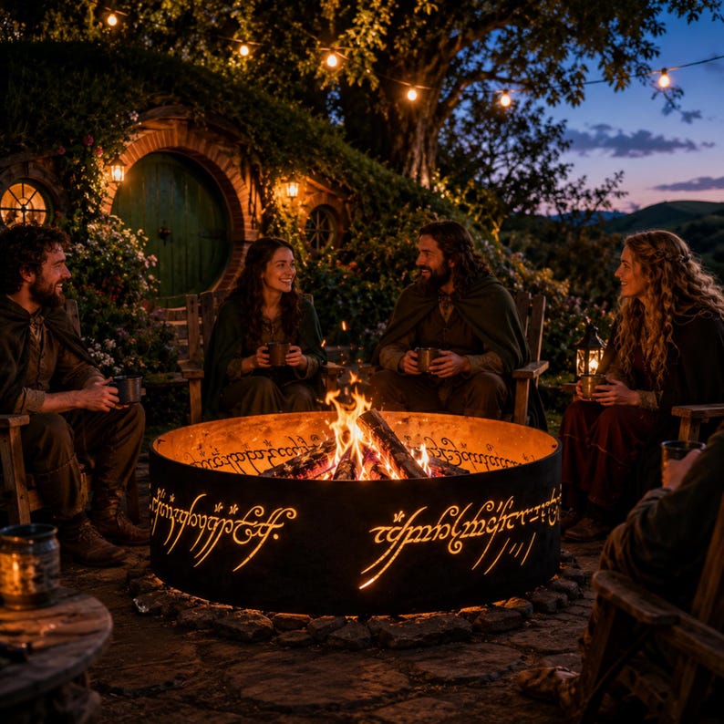 EN: Fire pit ring with glowing fantasy script inspired by the iconic One Ring | ES: Anillo para fogata con escritura inspirada en el icónico One Ring | FR: Anneau avec écriture inspirée du célèbre One Ring | DE: Feuerstellenring mit Schrift inspiriert vom One Ring | IT: Anello con scrittura ispirata al celebre One Ring