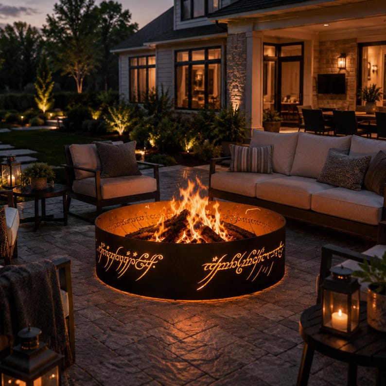 May include: A circular black metal fire pit featuring cut-out elvish script lettering that glows from the flames inside. The fire pit is positioned on a stone patio surrounded by outdoor furniture, including a sofa and armchairs with cushions.