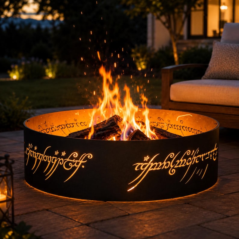 EN: Fantasy themed fire pit ring featuring elegant One Ring inspired script cutouts | ES: Anillo para fogata temático de fantasía con escritura inspirada en One Ring | FR: Anneau de foyer fantasy avec écriture inspirée du One Ring | DE: Fantasy Feuerstellenring mit One Ring Schriftzügen | IT: Anello fantasy con scritte ispirate al One Ring