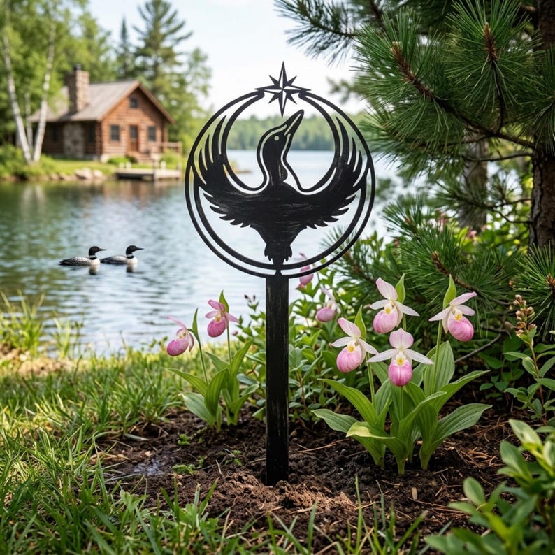 Steel rebel loon garden stake displayed in outdoor garden