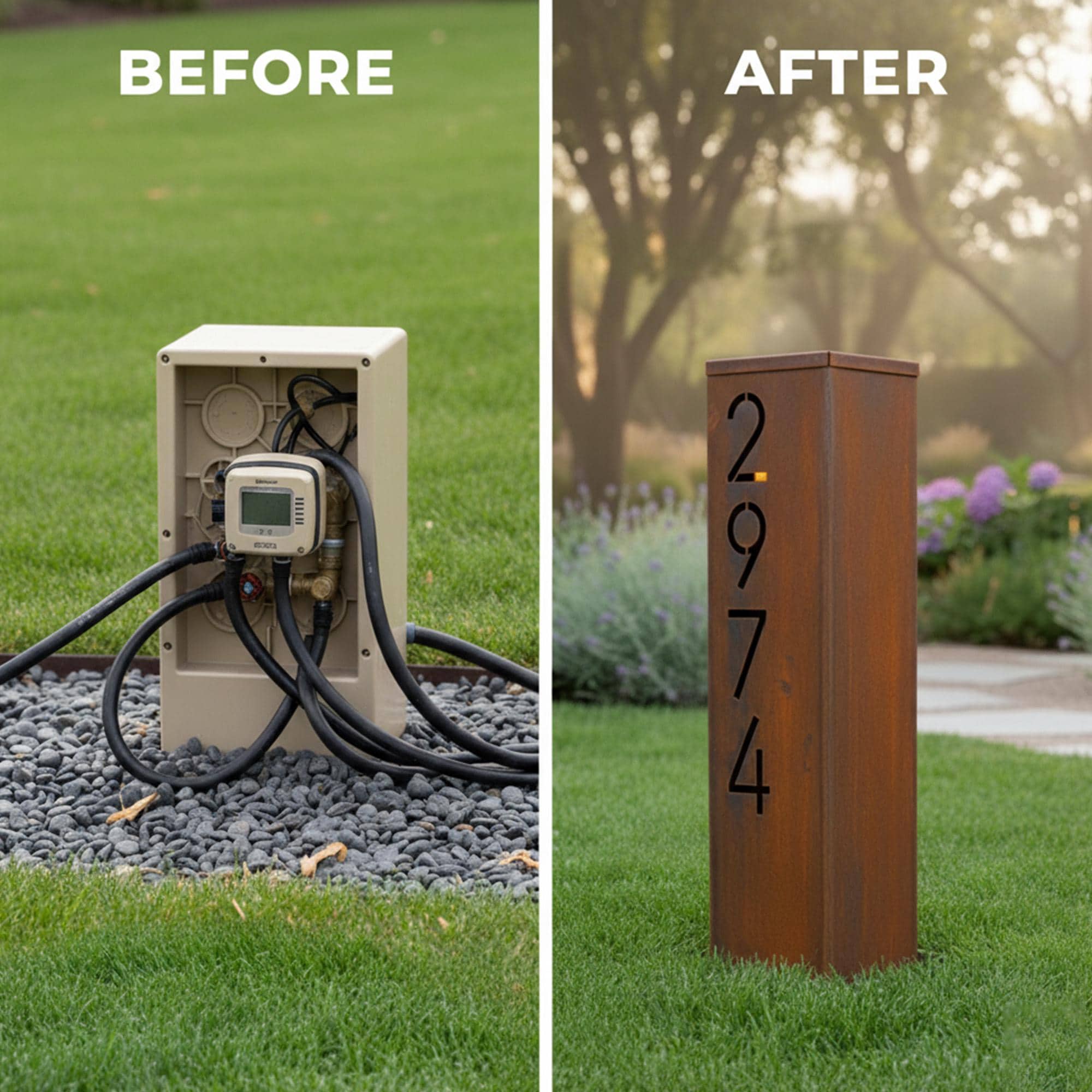 Custom Rusted Steel House Number Post, Modern Outdoor Address Column ...