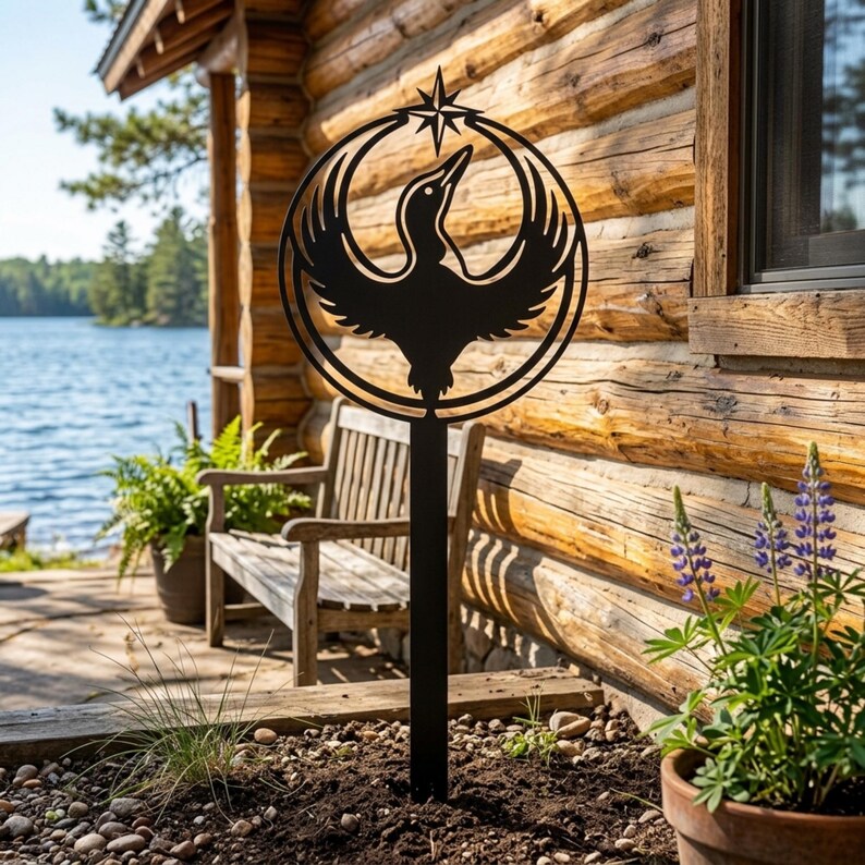 Steel loon yard art placed beside garden flowers