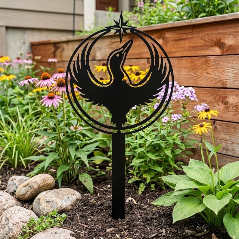 Nature inspired steel loon garden ornament in grass
