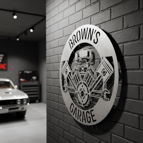 Custom Metal Garage Sign, Dad Gift, Mechanic Garage Wall Sign, Engine Piston Wrench Car Design Decor, Man Cave Decor, Car Lover Gift