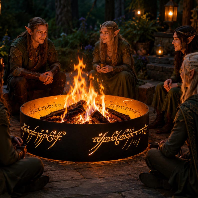 EN: Outdoor gathering fire pit ring with glowing One Ring inspired cutout details | ES: Anillo para reuniones exteriores inspirado en One Ring | FR: Anneau extérieur inspiré du One Ring | DE: Feuerstellenring mit One Ring Ausschnitten | IT: Anello per esterni con dettagli ispirati al One Ring