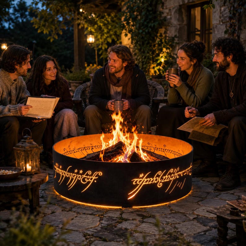 EN: Garden fire pit ring featuring illuminated One Ring inspired language around the fire | ES: Anillo para jardín con lenguaje inspirado en One Ring iluminado | FR: Anneau de jardin avec langage inspiré du One Ring | DE: Garten Feuerstellenring mit One Ring Sprache | IT: Anello da giardino con linguaggio ispirato al One Ring
