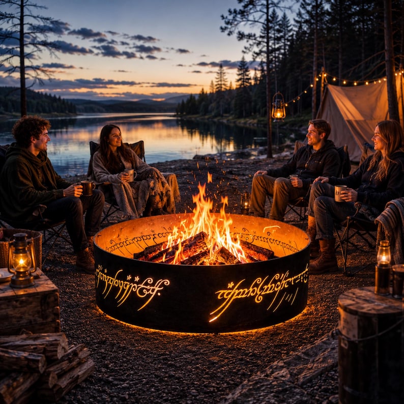 EN: Outdoor fire pit ring with glowing One Ring inspired lettering creating a magical atmosphere | ES: Anillo para fogata exterior con letras inspiradas en One Ring creando ambiente mágico | FR: Anneau de foyer extérieur avec lettres inspirées du One Ring | DE: Feuerstellenring mit leuchtender One Ring Schrift für besondere Stimmung | IT: Anello per braciere con lettere ispirate al One Ring