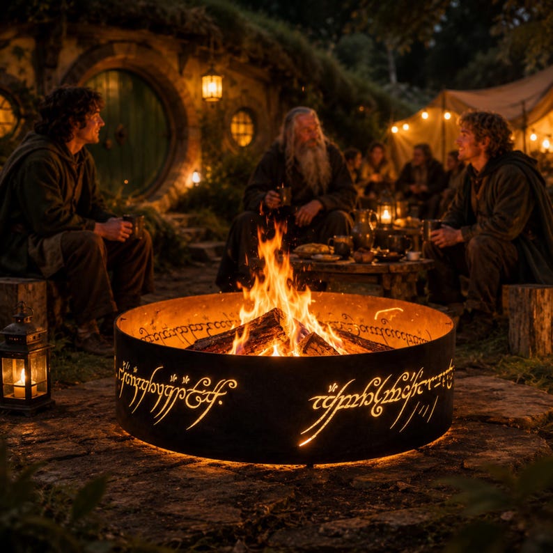 EN: Backyard fire feature showcasing glowing One Ring inspired characters in metal | ES: Elemento para jardín con caracteres inspirados en One Ring | FR: Élément de jardin avec caractères inspirés du One Ring | DE: Feuerobjekt mit One Ring Zeichen aus Metall | IT: Elemento da giardino con caratteri ispirati al One Ring