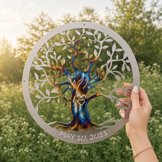 Personalized Tree of Life Metal Wall Decor, Wedding Gift, Carved Tree Decor, Couple Name Gift, Anniversary Sign, Steel Art, Anniversary Gift