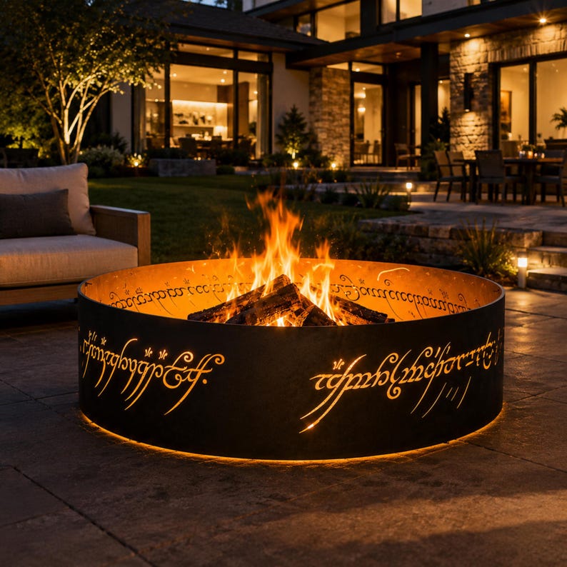 EN: Metal Black Speech fire pit ring inspired by the One Ring design glowing around a backyard fire | ES: Anillo para fogata inspirado en el One Ring brillando alrededor del fuego | FR: Anneau de foyer inspiré du One Ring illuminé autour du feu | DE: Feuerstellenring im One Ring Stil leuchtet am Lagerfeuer | IT: Anello per braciere ispirato al One Ring che illumina il fuoco