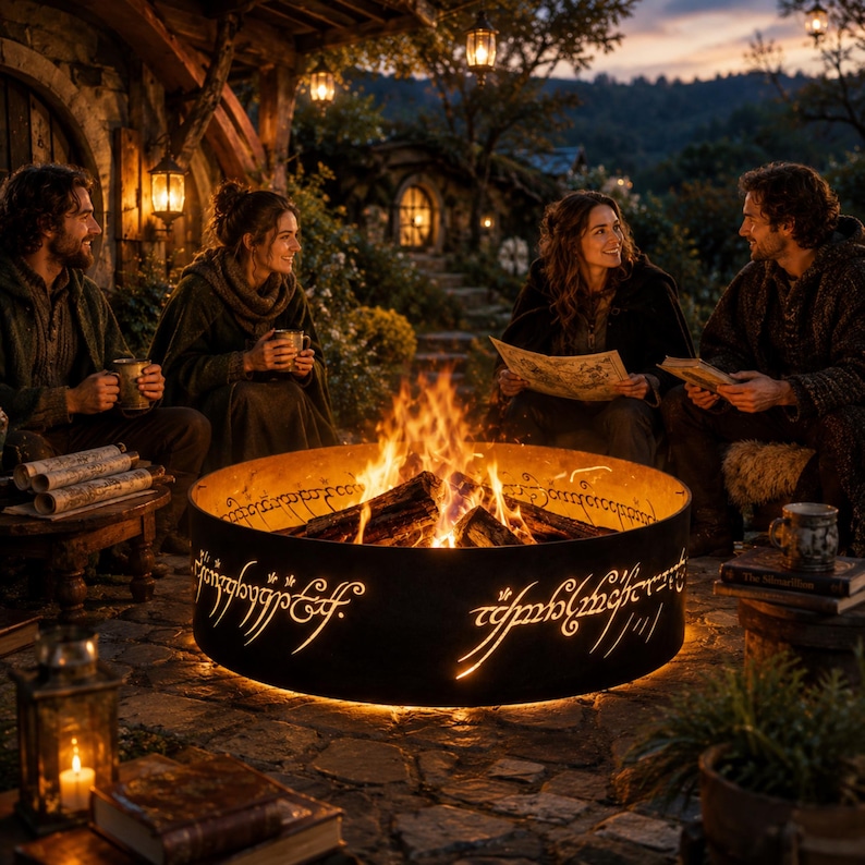 EN: Artistic fire pit ring with fantasy lettering inspired by the One Ring | ES: Anillo artístico para fogata con letras inspiradas en One Ring | FR: Anneau artistique avec lettres inspirées du One Ring | DE: Künstlerischer Feuerstellenring mit One Ring Schrift | IT: Anello artistico con lettere ispirate al One Ring