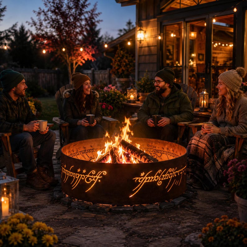 EN: Outdoor steel fire feature inspired by the One Ring with illuminated cutouts | ES: Elemento de acero para exterior inspirado en One Ring | FR: Élément extérieur en acier inspiré du One Ring | DE: Stahl Feuerobjekt inspiriert vom One Ring | IT: Elemento in acciaio ispirato al One Ring