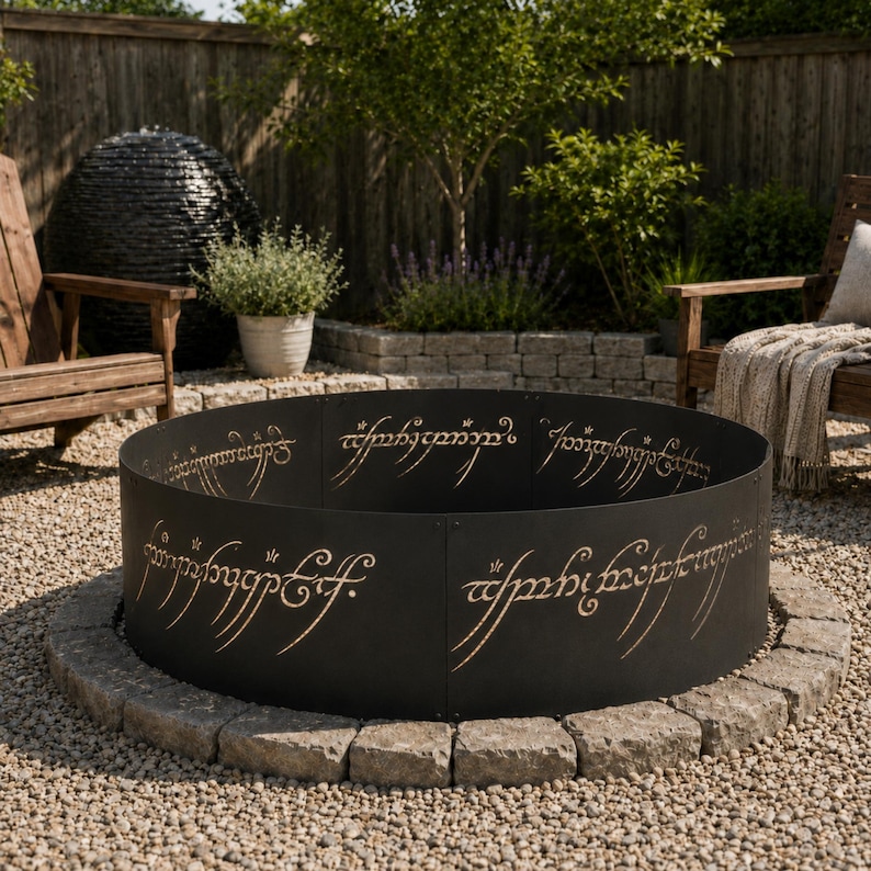 EN: Steel fire pit surround inspired by the One Ring creating a striking nighttime display | ES: Aro para fogata inspirado en One Ring para noches especiales | FR: Entourage de foyer inspiré du One Ring pour la nuit | DE: Feuerstellenumrandung im One Ring Stil für Abendstimmung | IT: Bordo per braciere ispirato al One Ring
