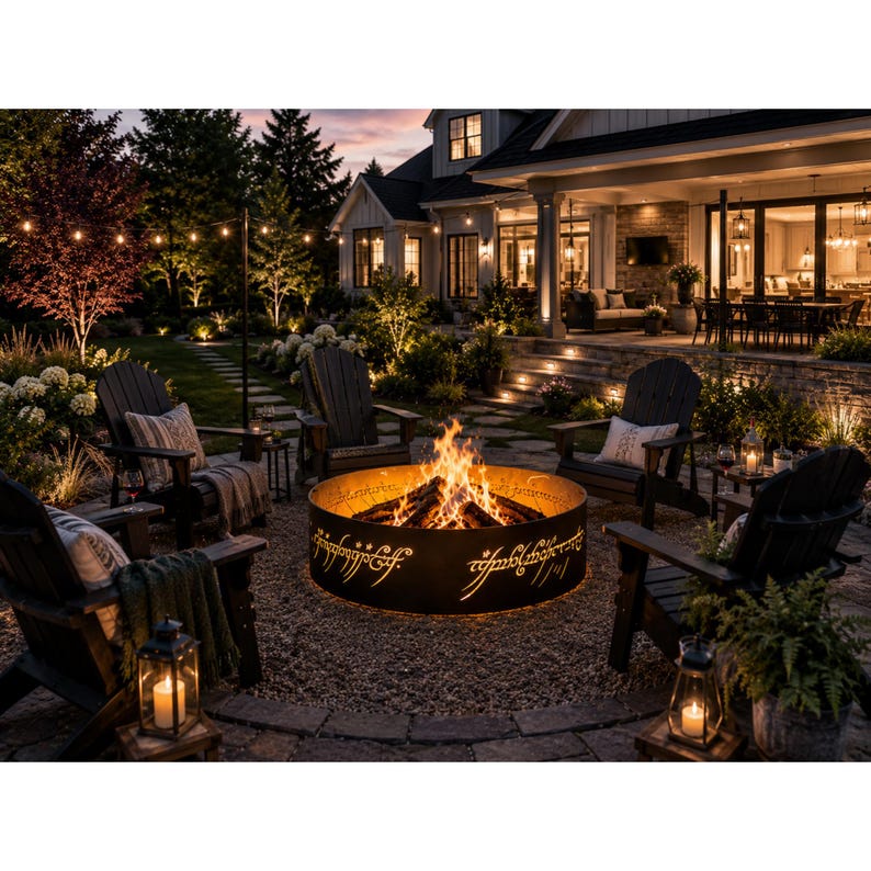 EN: Laser cut metal fire pit ring featuring One Ring inspired script and warm flames | ES: Anillo metálico para fogata con escritura inspirada en One Ring y llamas cálidas | FR: Anneau métallique avec écriture inspirée du One Ring et flammes chaleureuses | DE: Metallischer Feuerstellenring mit One Ring Schrift und Flammen | IT: Anello metallico con scritta ispirata al One Ring e fiamme calde