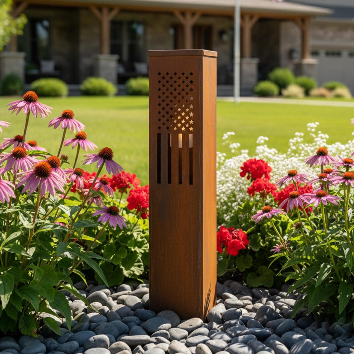 Modern Steel USA Flag Garden Column, Metal Yard Marker for Patriotic ...