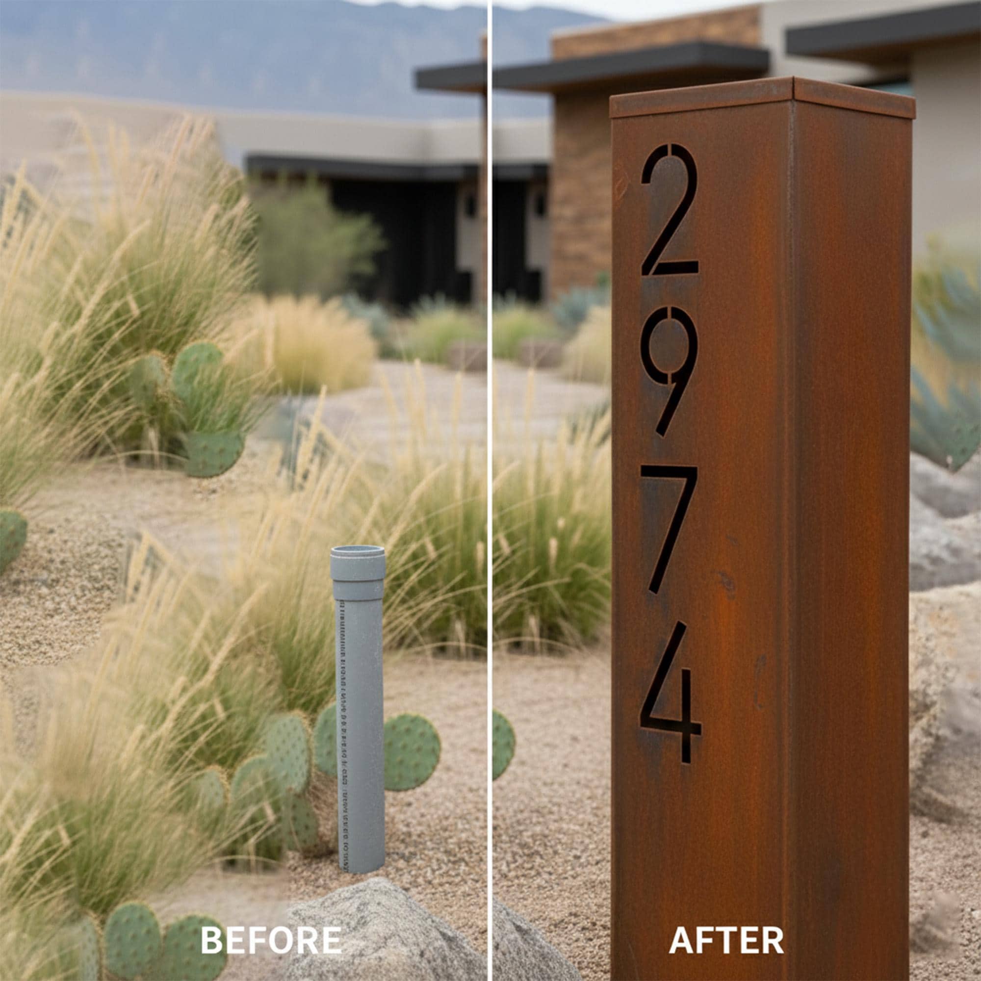 Custom Rusted Steel House Number Post, Modern Outdoor Address Column ...
