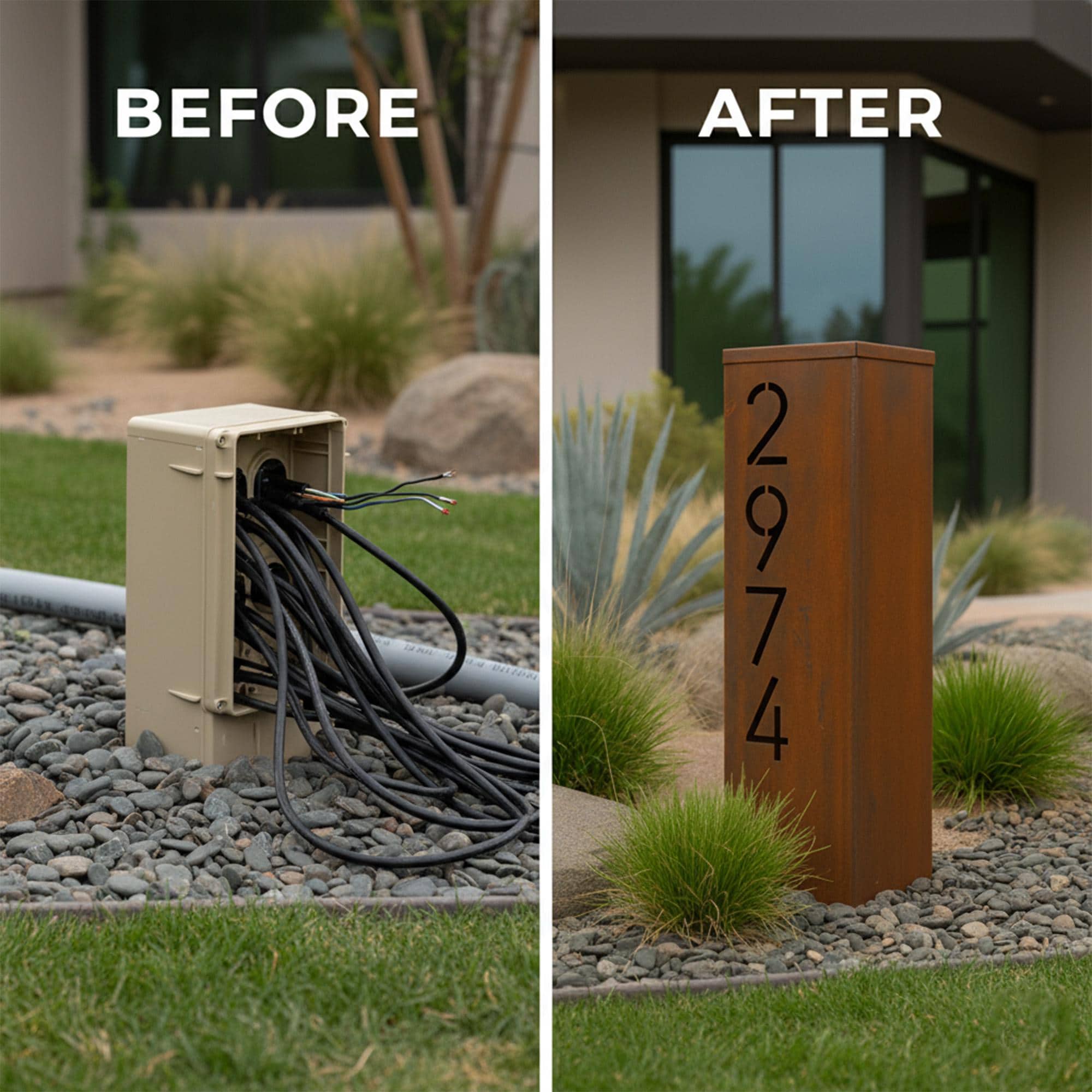Custom Rusted Steel House Number Post, Modern Outdoor Address Column ...