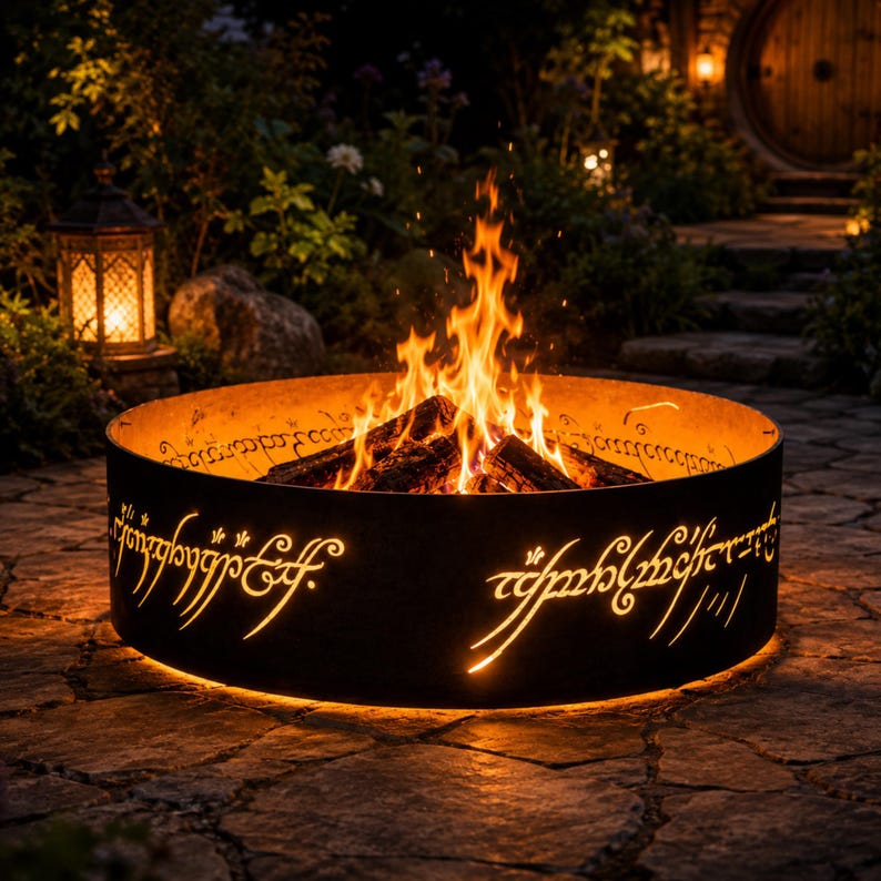 EN: Metal garden fire ring featuring detailed One Ring inspired laser cut artwork | ES: Anillo de jardín con arte cortado láser inspirado en One Ring | FR: Anneau de jardin avec art découpé inspiré du One Ring | DE: Gartenring mit One Ring Laserschnitt Design | IT: Anello da giardino con arte laser ispirata al One Ring