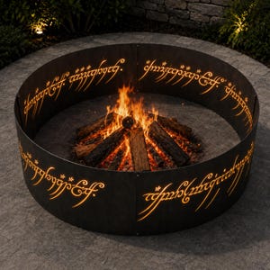 EN: Decorative steel fire ring bringing One Ring inspired fantasy style to the backyard | ES: Anillo decorativo que aporta estilo inspirado en One Ring | FR: Anneau décoratif au style inspiré du One Ring | DE: Dekorativer Ring im One Ring Stil | IT: Anello decorativo in stile ispirato al One Ring