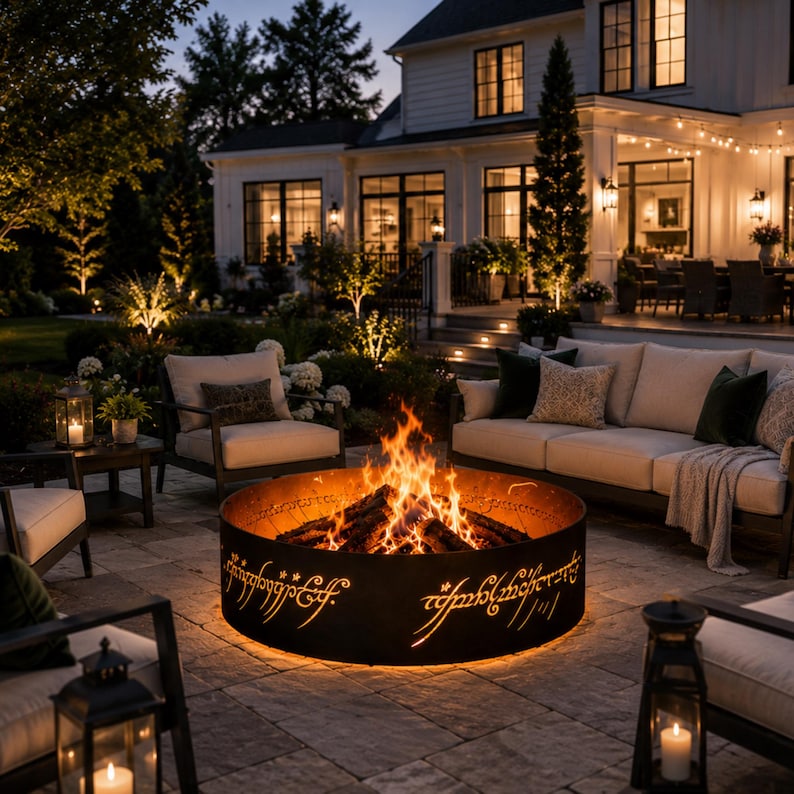 EN: Backyard fire pit ring highlighting glowing One Ring inspired calligraphy | ES: Anillo para fogata destacando caligrafía inspirada en One Ring | FR: Anneau mettant en valeur une calligraphie inspirée du One Ring | DE: Feuerstellenring mit One Ring Kalligrafie | IT: Anello con calligrafia ispirata al One Ring