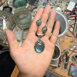 Labradorite Sterling Silver Jewelry Set: Necklace & Earrings, Handmade