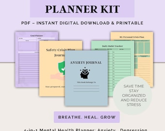 Kit de herramientas de salud mental imprimible / Planificadores para la ansiedad, la depresión, el estrés y las crisis / Diario / Paquete de descarga digital en PDF