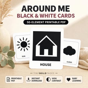 High Contrast Baby Cards PDF, Around Me Black and White Printable Flashcards for 0-3 Months, 50 Everyday Object Cards