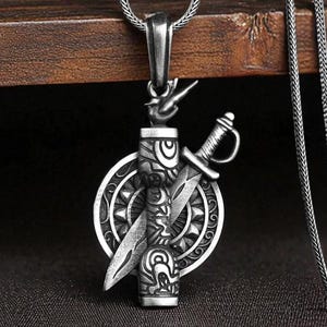 Sterling Silver Viking Sword & Shield Necklace - Norse Warrior Amulet