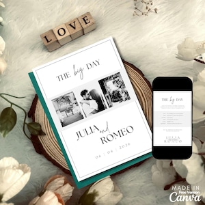 以下が含まれることがあります： 「THE big DAY」の文字と「JULIA and ROMEO」の名前、日付「06 | 06 | 2026」が書かれた結婚式の招待状。招待状には3枚の白黒写真が使われています。「LOVE」と書かれた木製のブロック。スマートフォンには招待状が表示されています。