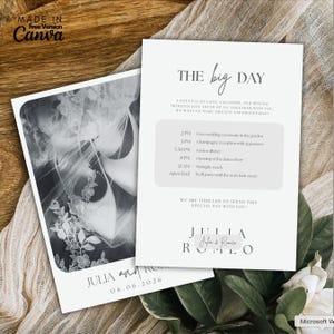以下が含まれることがあります： モノクロ写真とイベント詳細が特徴のウェディング招待状セット。「The Big Day」と書かれたメインカードには、スケジュール、名前、日付が記載されています。デザインはミニマリストで、ソフトなニュートラルカラーパレットを使用しています。