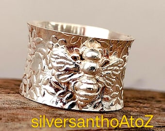 Sterling Silver Honey Bee Ring, Hammered Wide Band