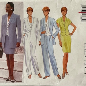 Może przedstawiać: Wzór szycia na damski garnitur, w skład którego wchodzi marynarka, kamizelka i spódnica. Wzór pochodzi od Buttericka i jest przeznaczony dla rozmiarów 6-8-10. Wzór został zaprojektowany przez Lindę Allard dla Ellen Tracy.