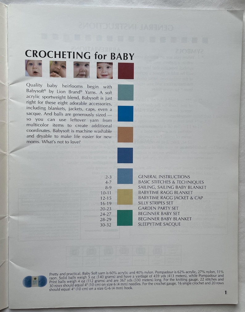 Puede incluir: Una p&aacute;gina de un libro de patrones de ganchillo titulado "CROCHETING for BABY". El texto describe el hilo Babysoft y los patrones para mantas, chaquetas y gorros de beb&eacute;. Incluye una lista de patrones y detalles del hilo. La p&aacute;gina es blanca con texto e im&aacute;genes coloridas.