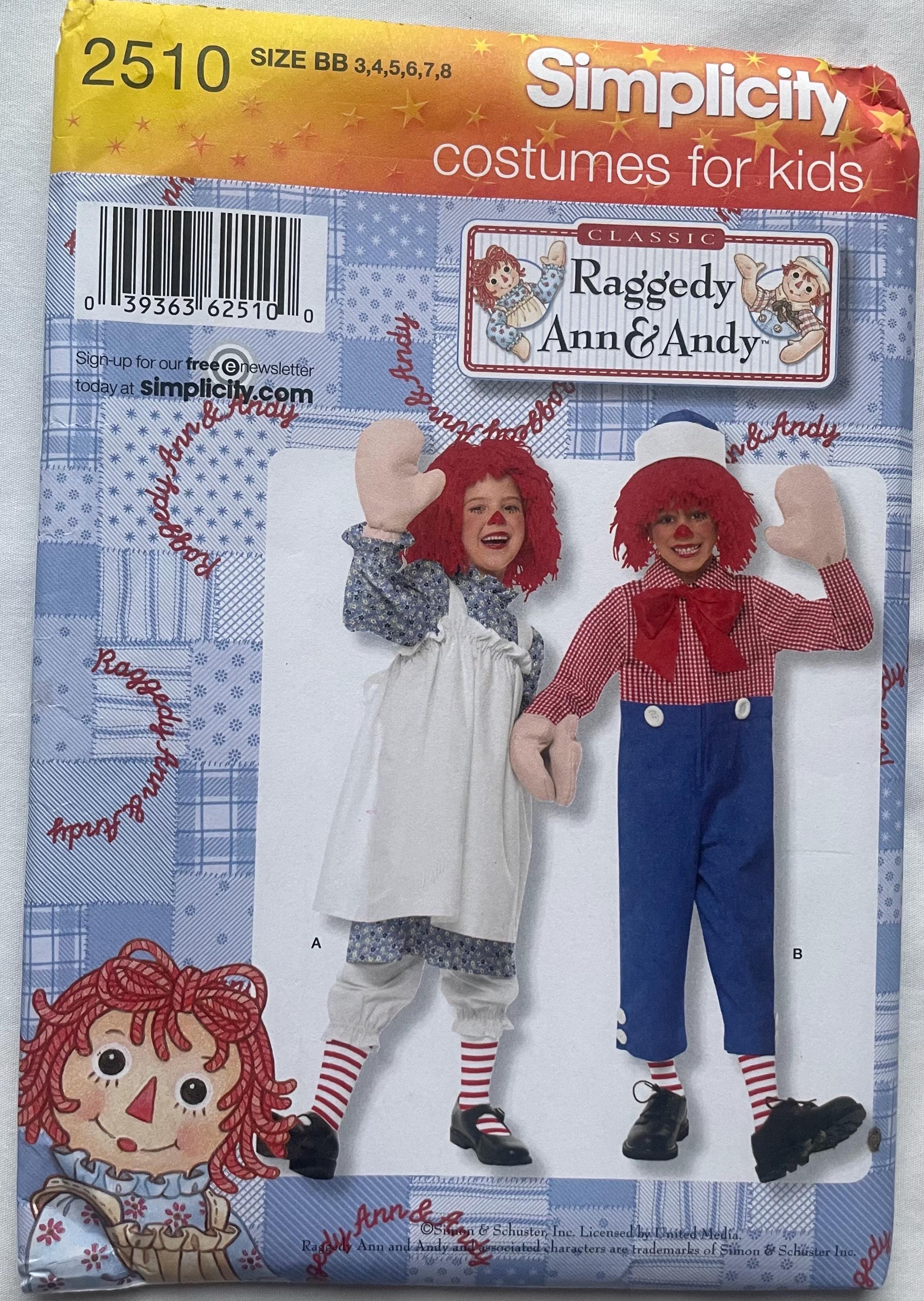 Simplicity 2510 Pattern Children's Raggedy Ann, Andy Costume Sz 3