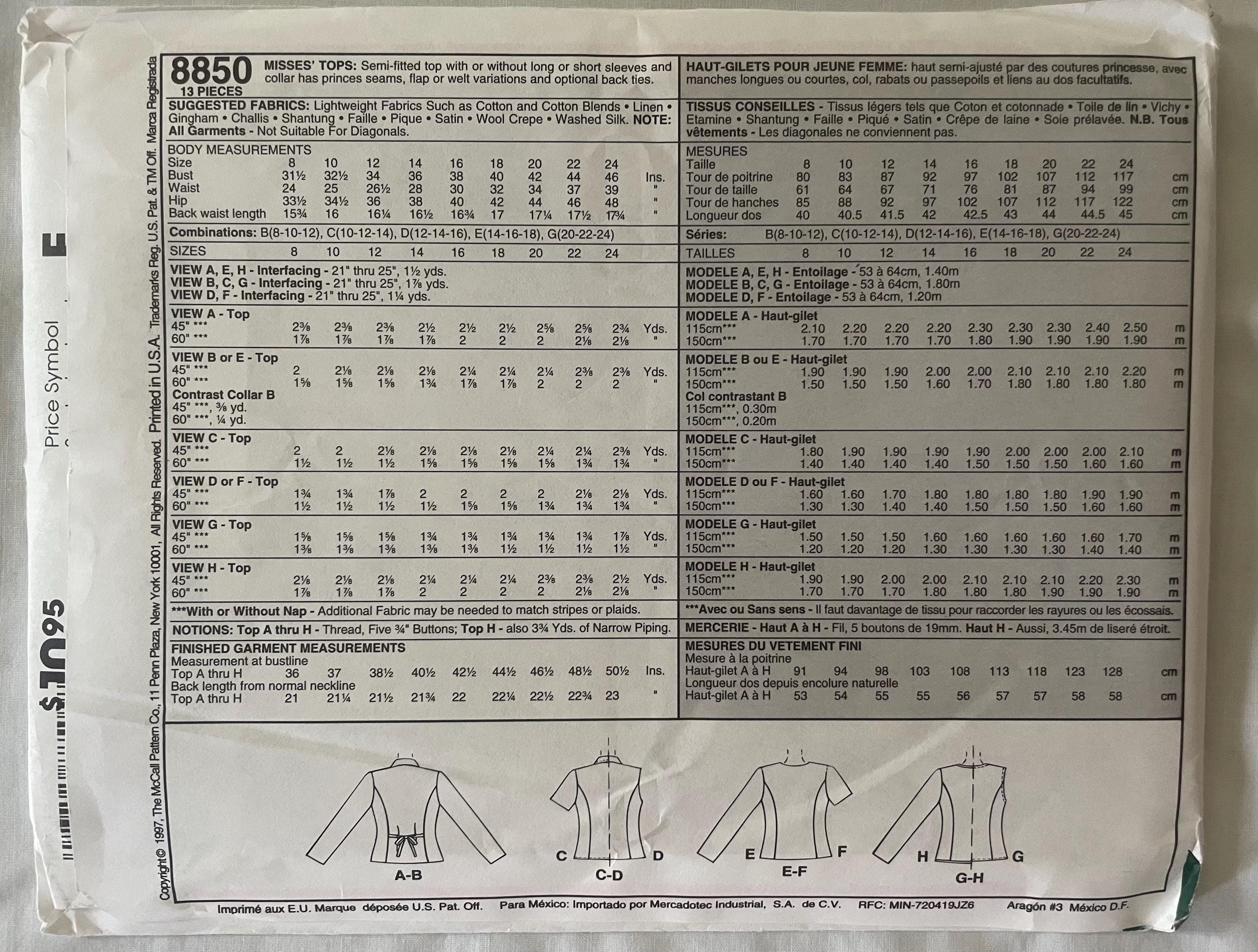 McCall's 8850 パターン ミセス トップス、ブラウス サイズ 20、22、24