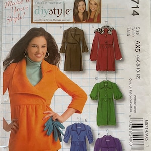May include: Sewing pattern for a dress with a V-neck and long sleeves. The pattern is for sizes 4-6-8-10-12. The pattern is called "diystyle" and is designed by McCall's.