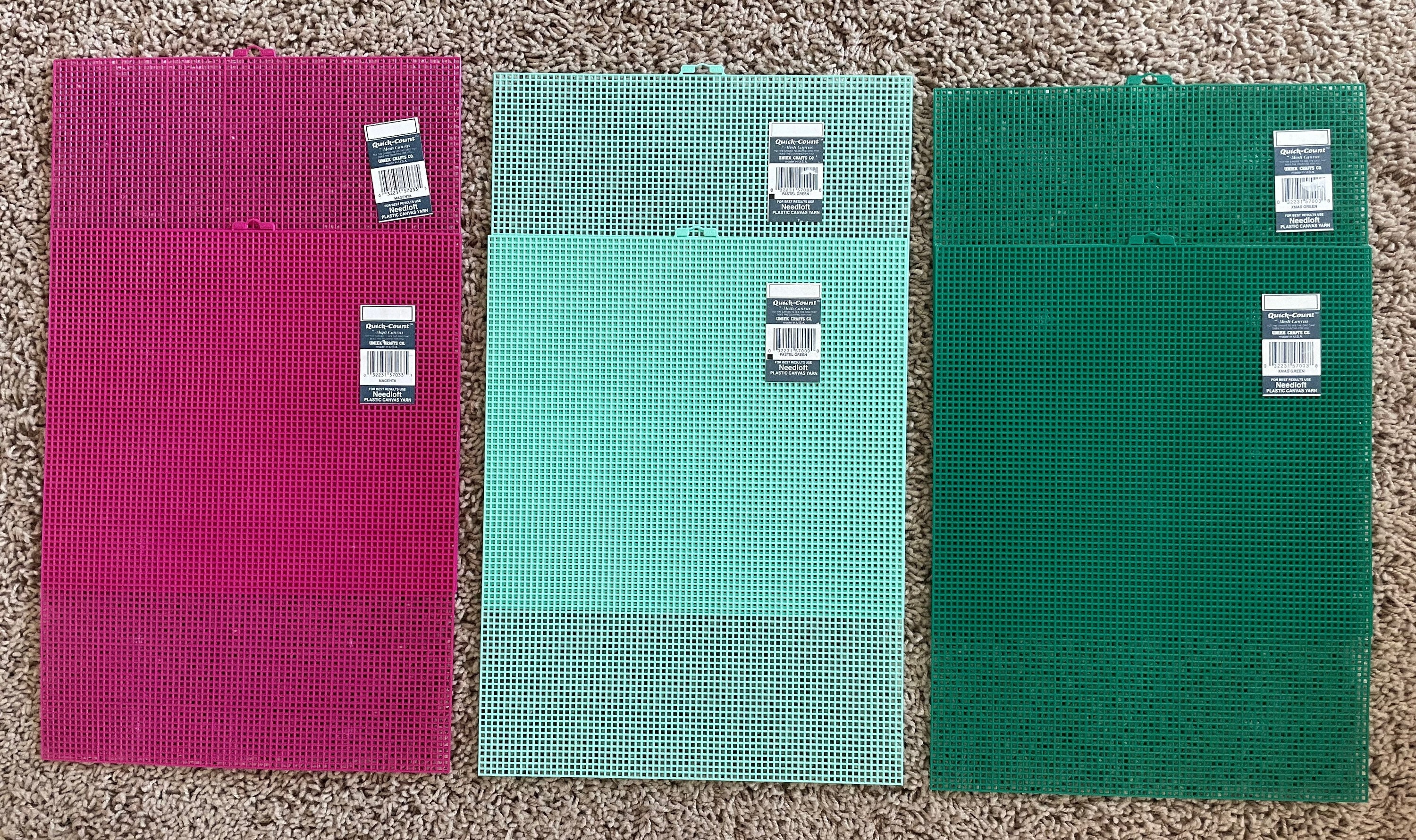 6 Sheets Needloft Plastic Canvas 7 Mesh Magenta, Pastel Green, Xmas Green 