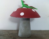 Red Concrete Mushroom with Lizard on top Hand made Painted