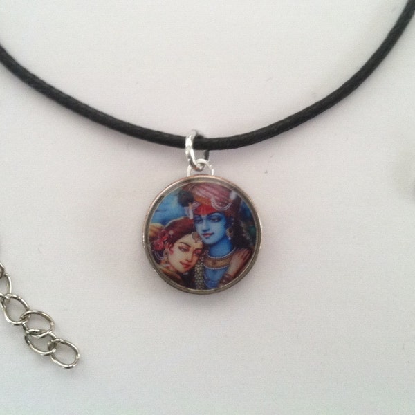 Radha Krishna Dime Pendant Charm Necklace on Chain or Cord 2-sided