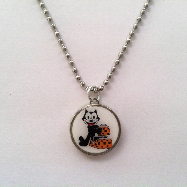 Felix the Cat Nickel Pendant / Charm on Chain or Cord Necklace Bag of Tricks 2-sided