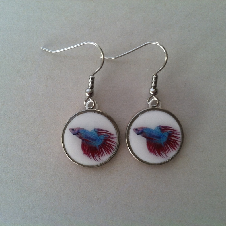 Colorful Betta Dime Earrings Stainless Steel Ear Wires Handmade Siamese Fighting Fish