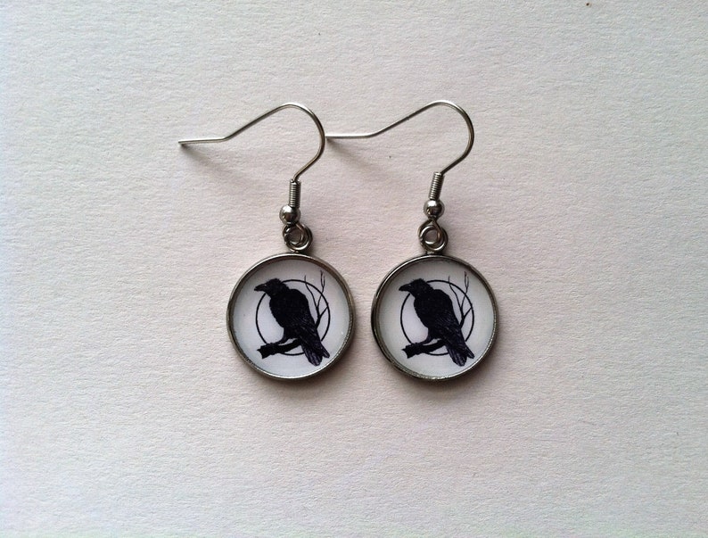 Raven Moon Stainless Steel Earrings Ear Wires Handmade Crow Lightweight