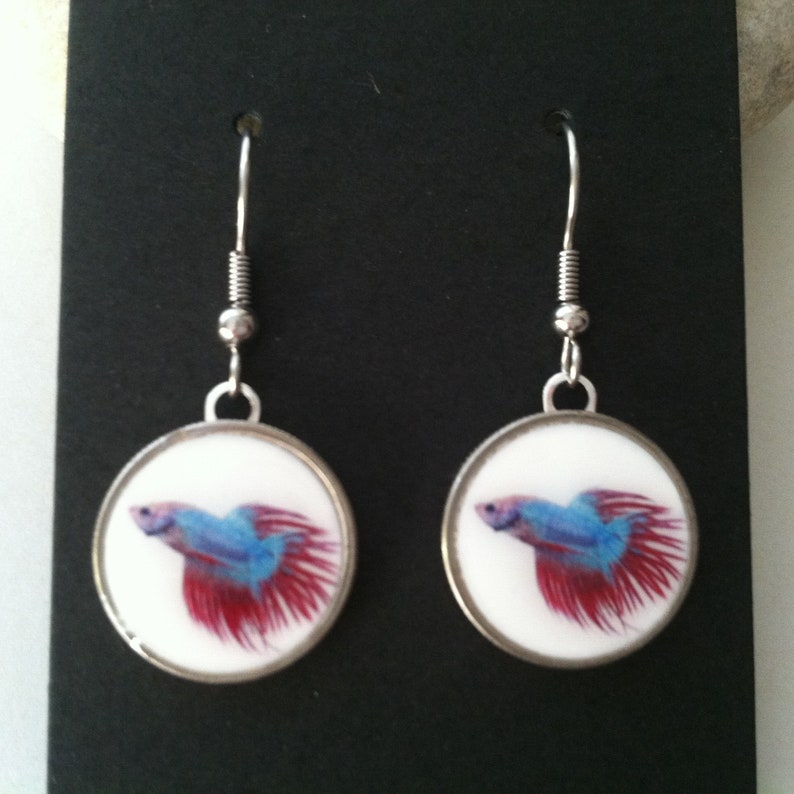 Colorful Betta Dime Earrings Stainless Steel Ear Wires Handmade Siamese Fighting Fish