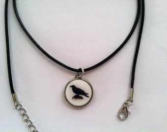 Raven Dime Pendant / Charm on Chain OR Cord Necklace Black Bird Crow 2-sided