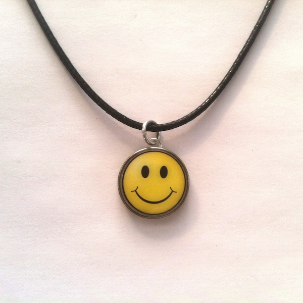 Yellow Smile Face Dime Pendant Charm on Chain or Black Cord Necklace Happy Face 2-sided