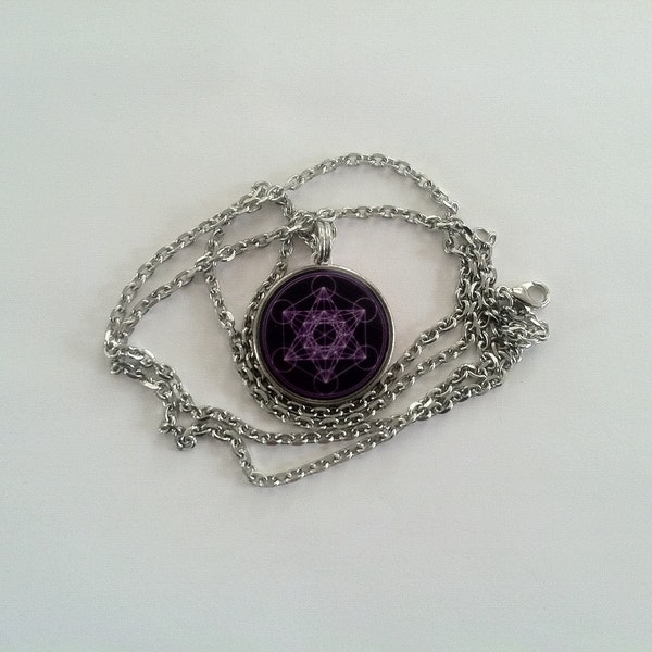 Purple Metatrons Cube Quarter Pendant on Stainless Steel Chain Necklace Metatron 2-sided